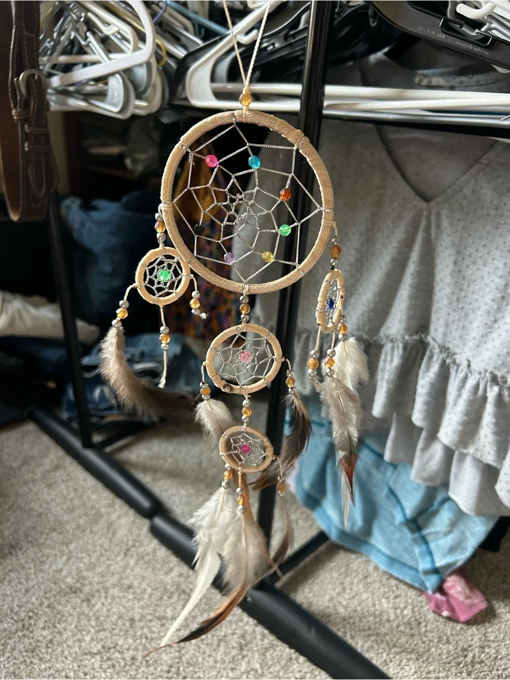 Beige Boho Dreamcatcher Wall Hanging with Multicolor Beads